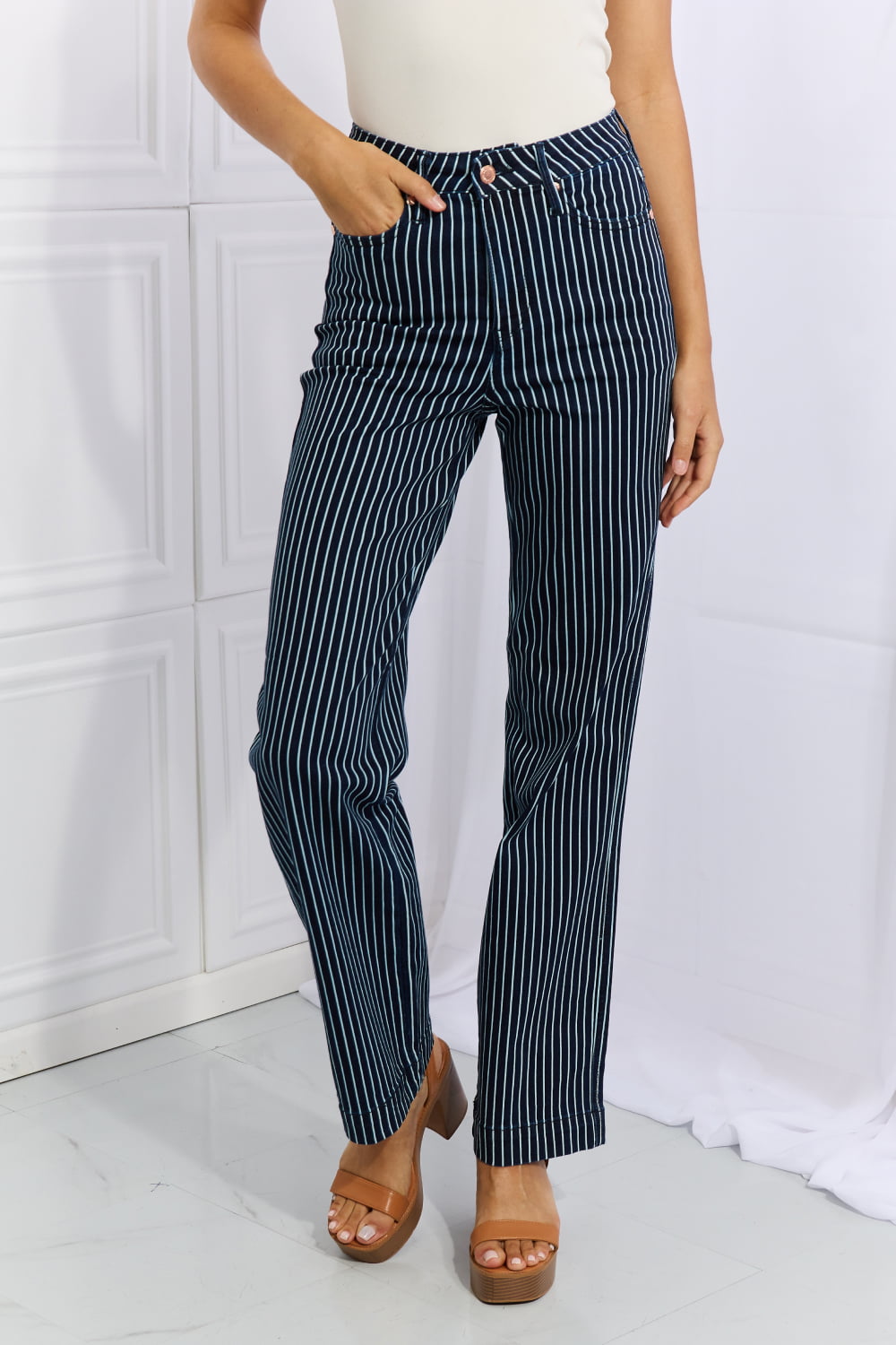 High Waisted Tummy Control Striped Straight Jeans - Bottoms - Pants - 7 - 2024