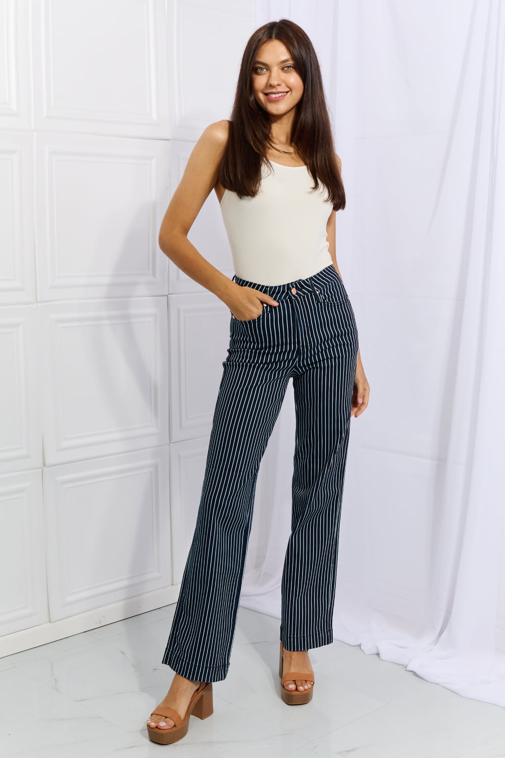 High Waisted Tummy Control Striped Straight Jeans - Bottoms - Pants - 11 - 2024