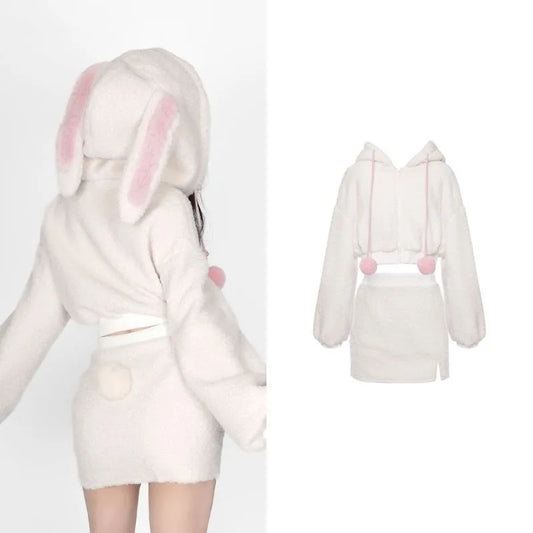 Kawaii Rabbit Ear Skirt Set: Hooded Plush Top & Short Skirt - Bottoms - Outfit Sets - 1 - 2024