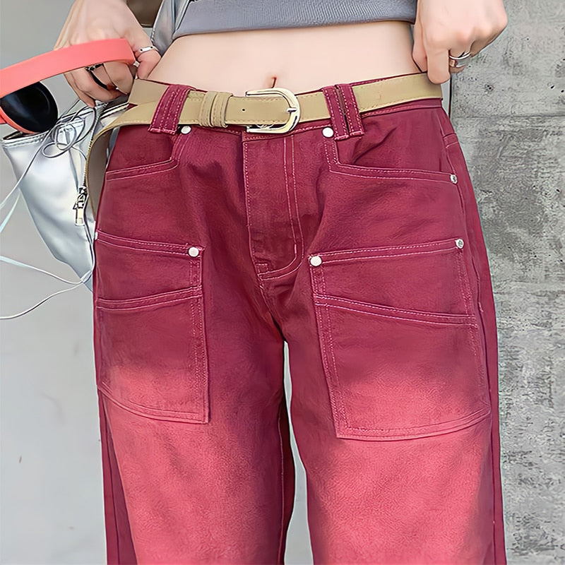 Korean Red Wide Leg Jeans - Bottoms - Shirts & Tops - 5 - 2024