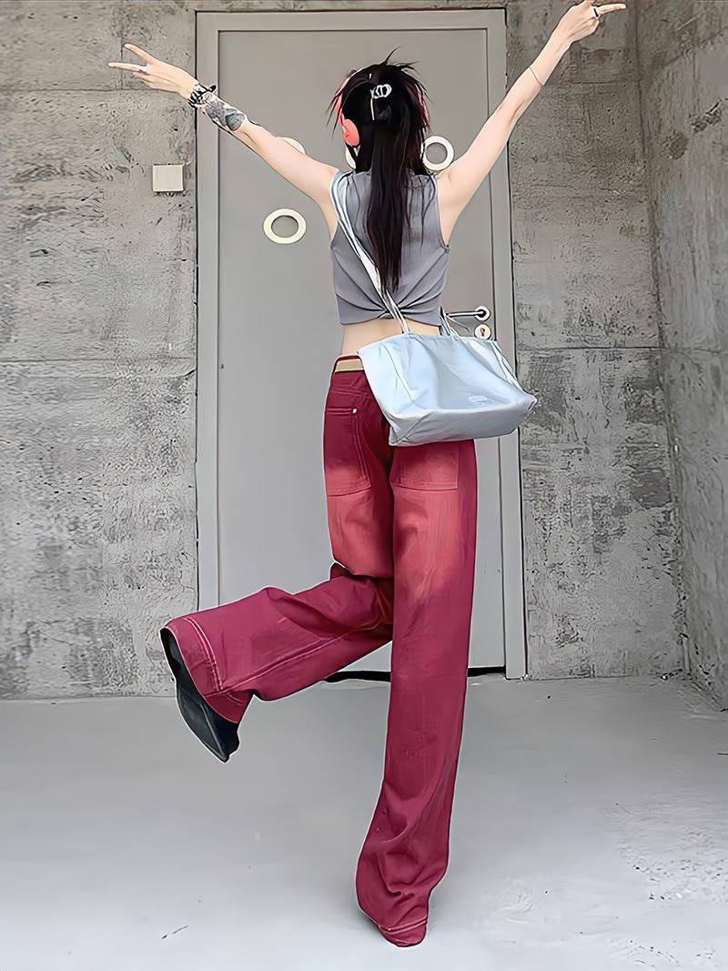 Korean Red Wide Leg Jeans - Bottoms - Shirts & Tops - 7 - 2024