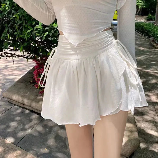 Korean Summer White Mini Skirt - High Waist Irregular Drawstring Pleats - White / XS / Nearest Warehouse - Bottoms