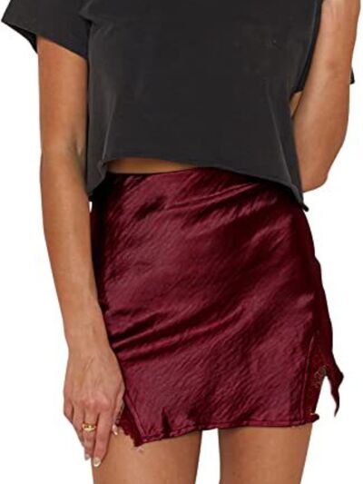 Lace Detail Slit Mini Skirt - Wine / XS - Bottoms - Mini Skirts - 16 - 2024