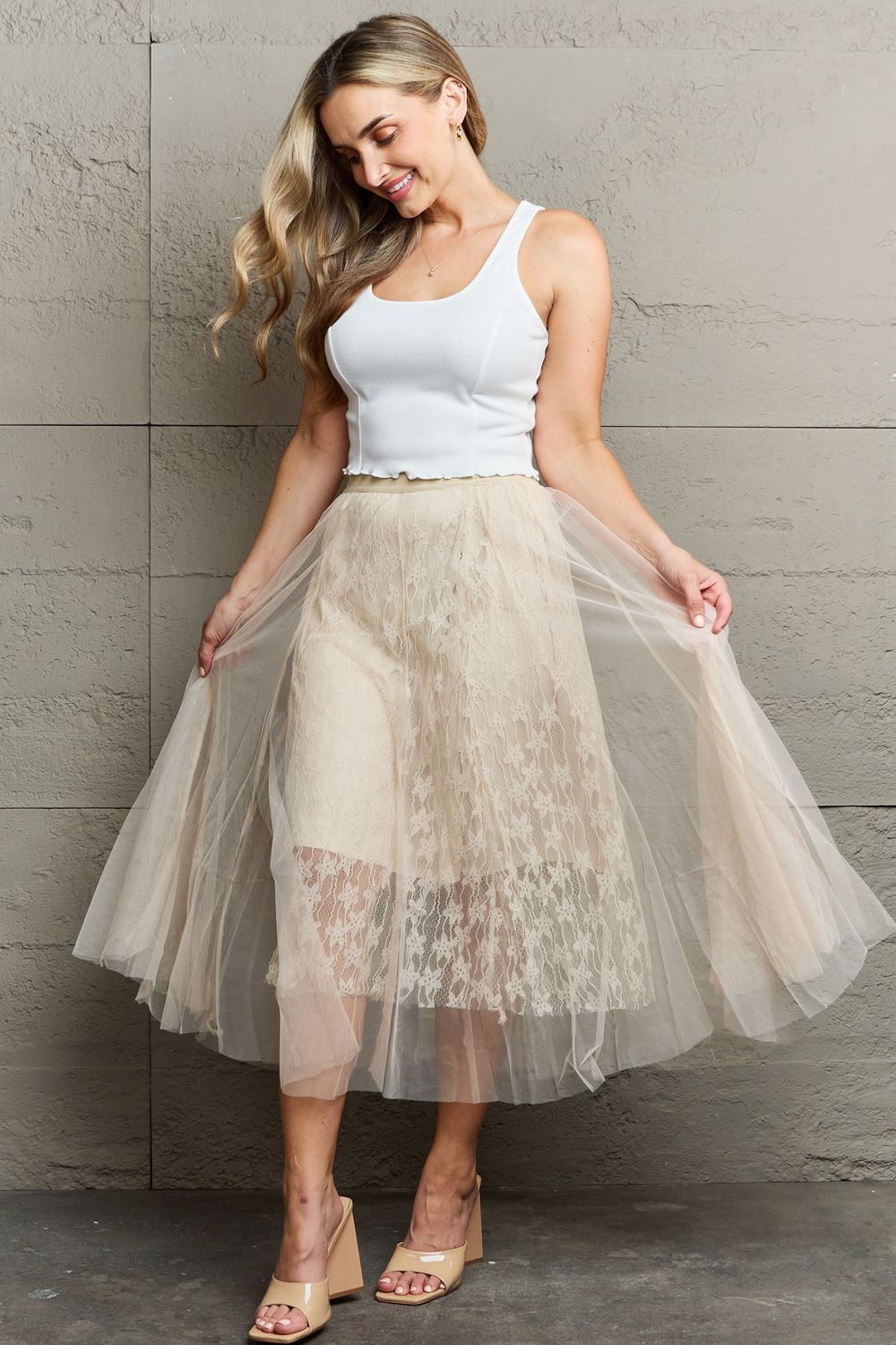 Lace Flowy Midi Skirt - Beige / One Size - Bottoms - Skirts - 4 - 2024