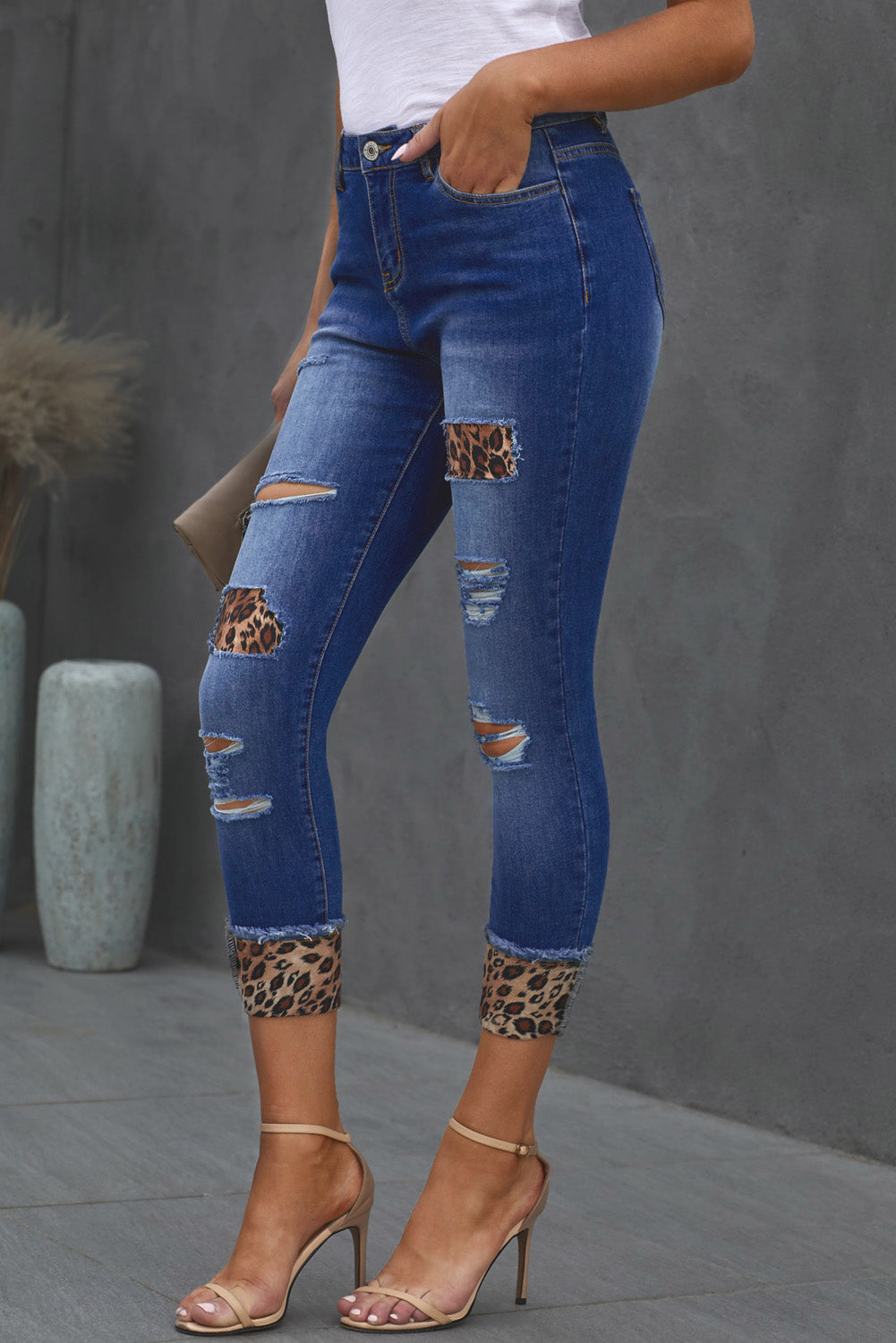 Leopard Patch Distressed Cropped Jeans - Bottoms - Pants - 7 - 2024