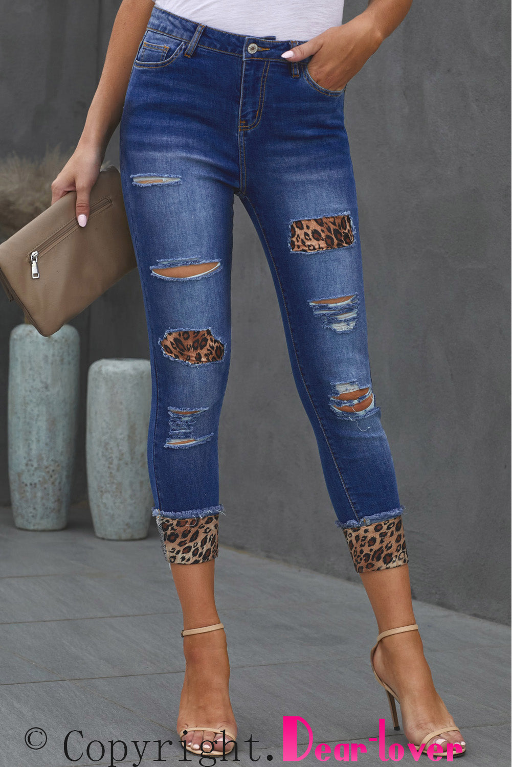 Leopard Patch Distressed Cropped Jeans - Bottoms - Pants - 14 - 2024