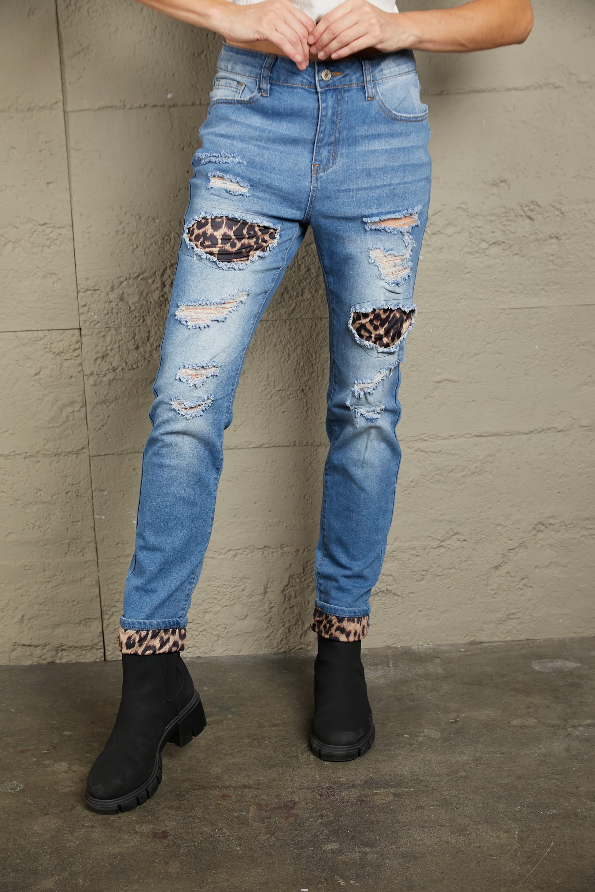 Leopard Patchwork Distressed Jeans - Bottoms - Pants - 1 - 2024