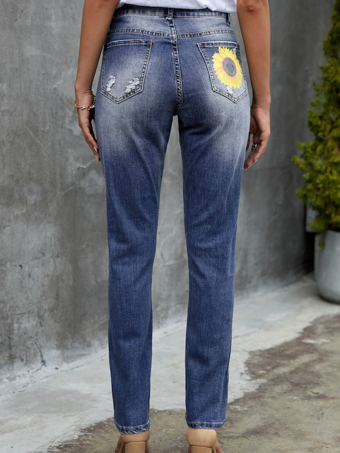 Leopard Patchwork Sunflower Print Distressed High Waist Jeans - Bottoms - Pants - 2 - 2024