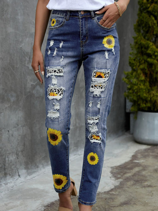 Leopard Patchwork Sunflower Print Distressed High Waist Jeans - Blue / S - Bottoms - Pants - 1 - 2024