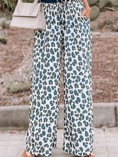 Leopard Pocketed Wide Leg Pants - Teal / S - Bottoms - Pants - 1 - 2024