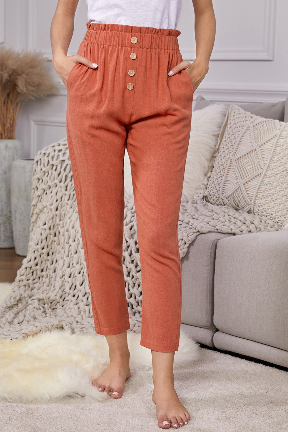 Linen Blend Pocketed Pants - Orange / S - Bottoms - Pants - 7 - 2024