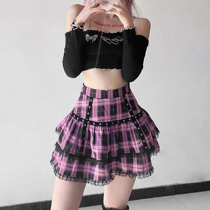 Lolita Plaid Mini Skirt – Gothic Harajuku - Bottoms - Dance Dresses Skirts & Costumes - 4 - 2024