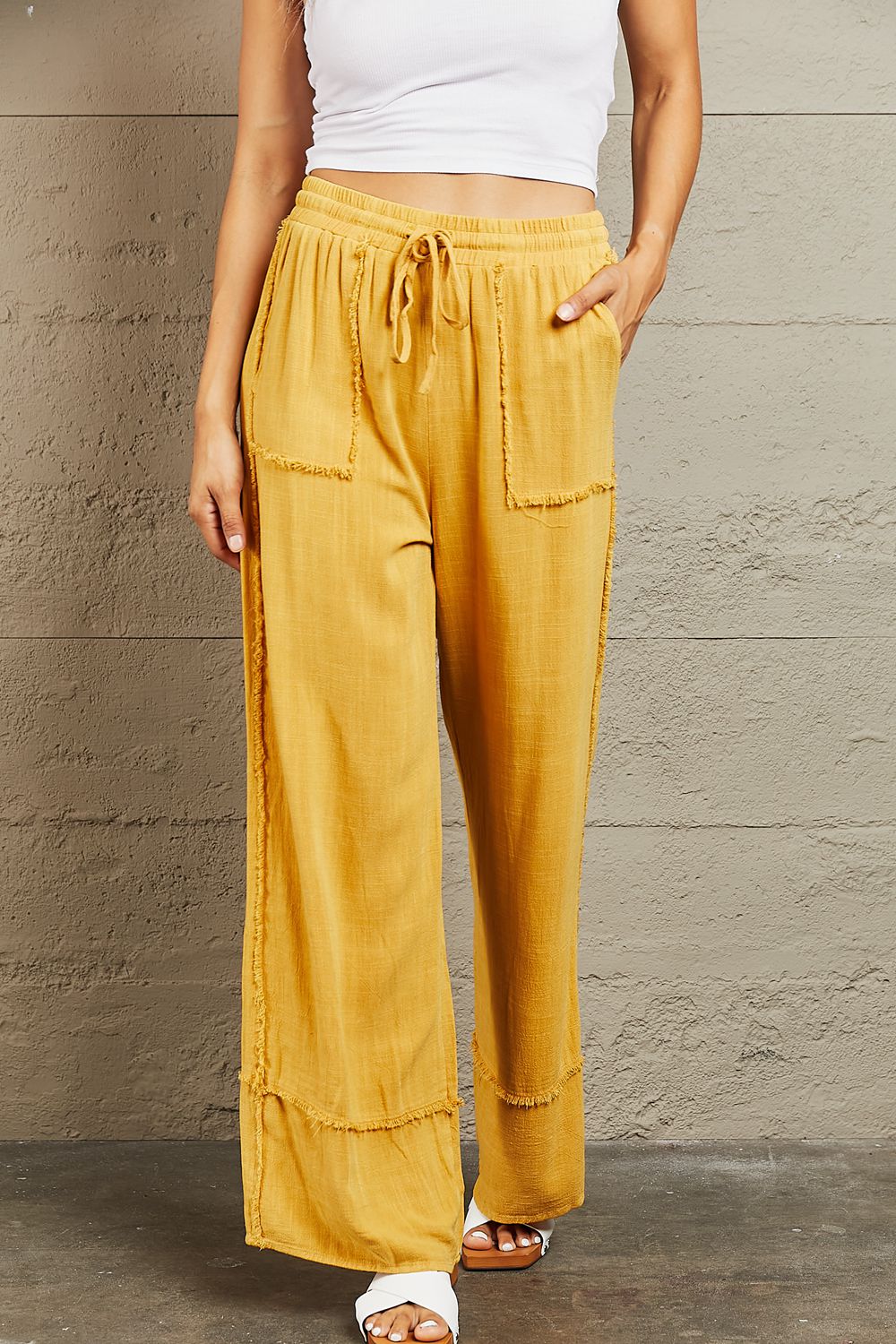 Love Me Full Size Mineral Wash Wide Leg Pants - Yellow / S - Bottoms - Pants - 1 - 2024