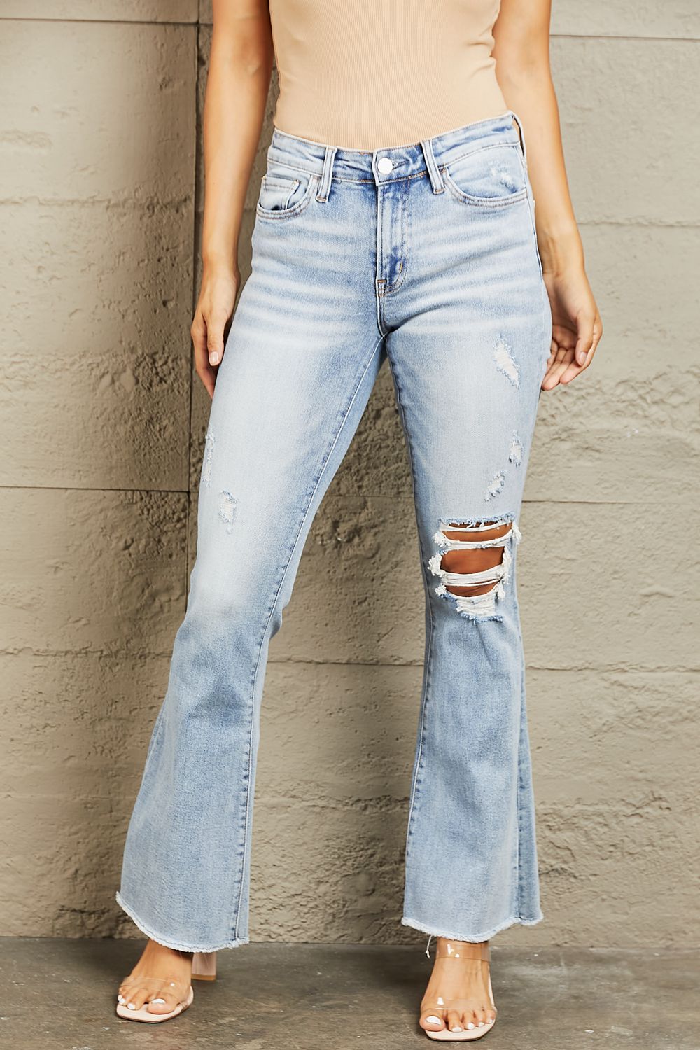 Mid Rise Distressed Flare Jeans - Light / 24 - Bottoms - Pants - 1 - 2024