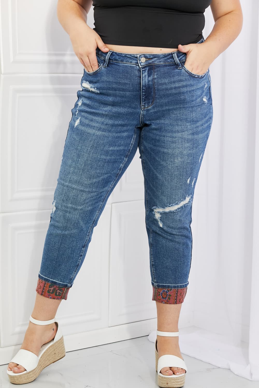 Mid Rise Paisley Patch Cuff Boyfriend Jeans - Medium / 0(24) - Bottoms - Pants - 1 - 2024