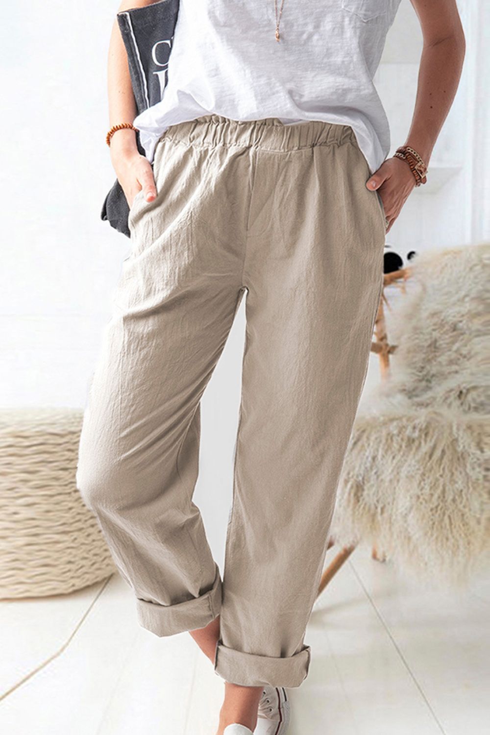 Paperbag Waist Pull-On Pants with Pockets - Khaki / S - Bottoms - Pants - 4 - 2024