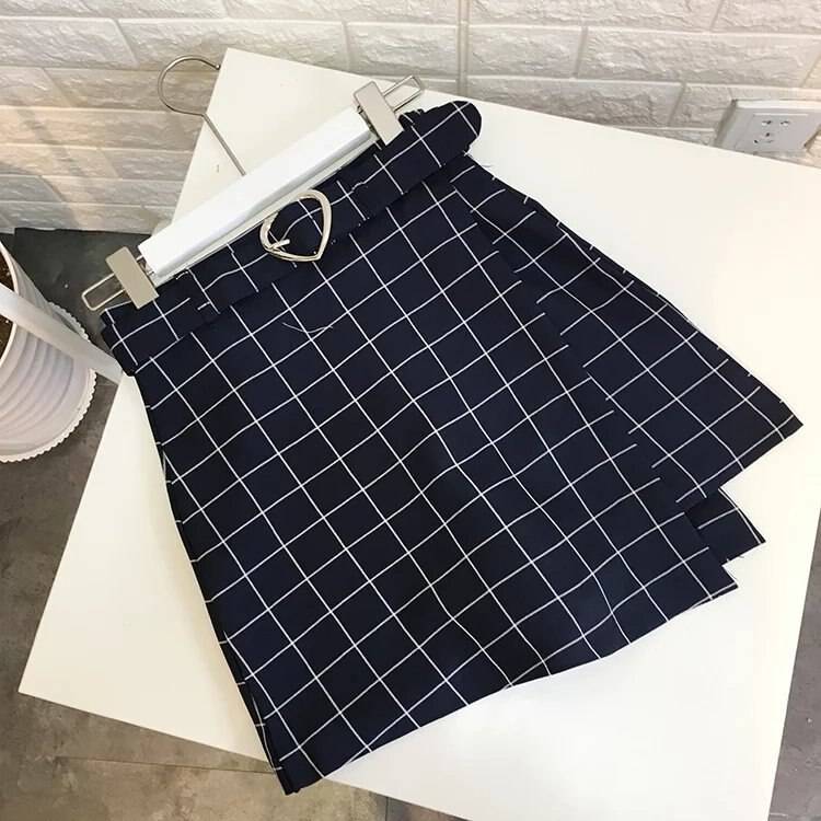 Plaid A-Line Mini Skirt with Heart Buckle - Blue / S - Bottoms - Dresses - 7 - 2024