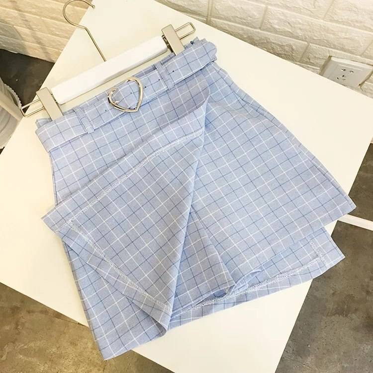 Plaid A-Line Mini Skirt with Heart Buckle - Light Blue / S - Bottoms - Dresses - 9 - 2024