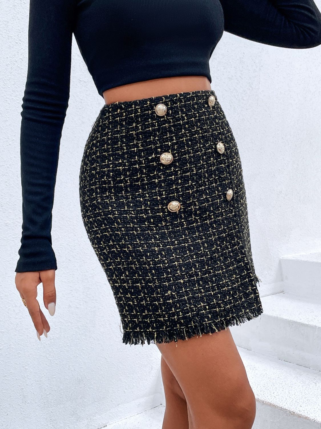 Plaid Double-Breasted Fringe Hem Skirt - Bottoms - Skirts - 3 - 2024