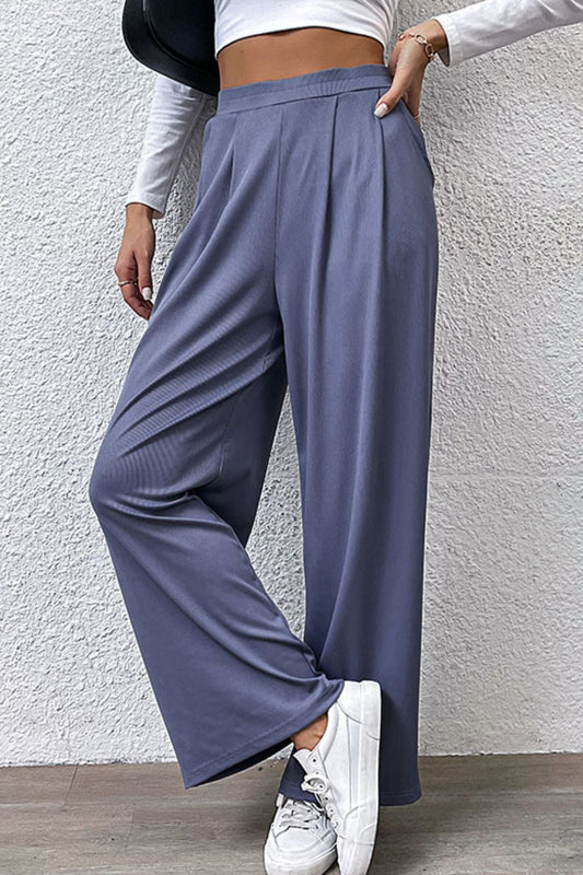 Pleated Detail Wide-Leg Pants with Pockets - Blue / S - Bottoms - Pants - 1 - 2024