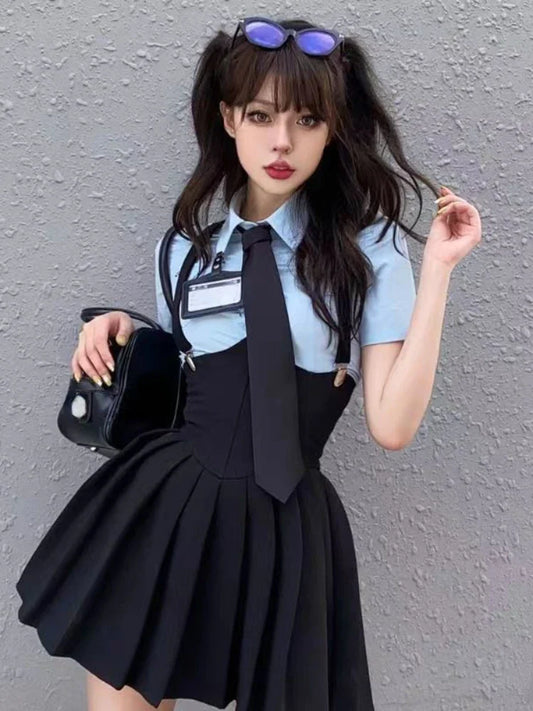 Preppy Style Two-Piece School Uniform Set - Corset Shirt and Pleated Skirt - Kawaii Stop - Chic Outfit, Classic Preppy, Corset Shirt, Elegant Style, Fashion Statement, Lace Detailing, Mini Length, Office Lady, Pleated Skirt, Polyester Material, Preppy Style, School Uniform Set, Short Sleeves, Square Collar, Stylish Look, Trendy Attire, Two-Piece Set, Women's Fashion