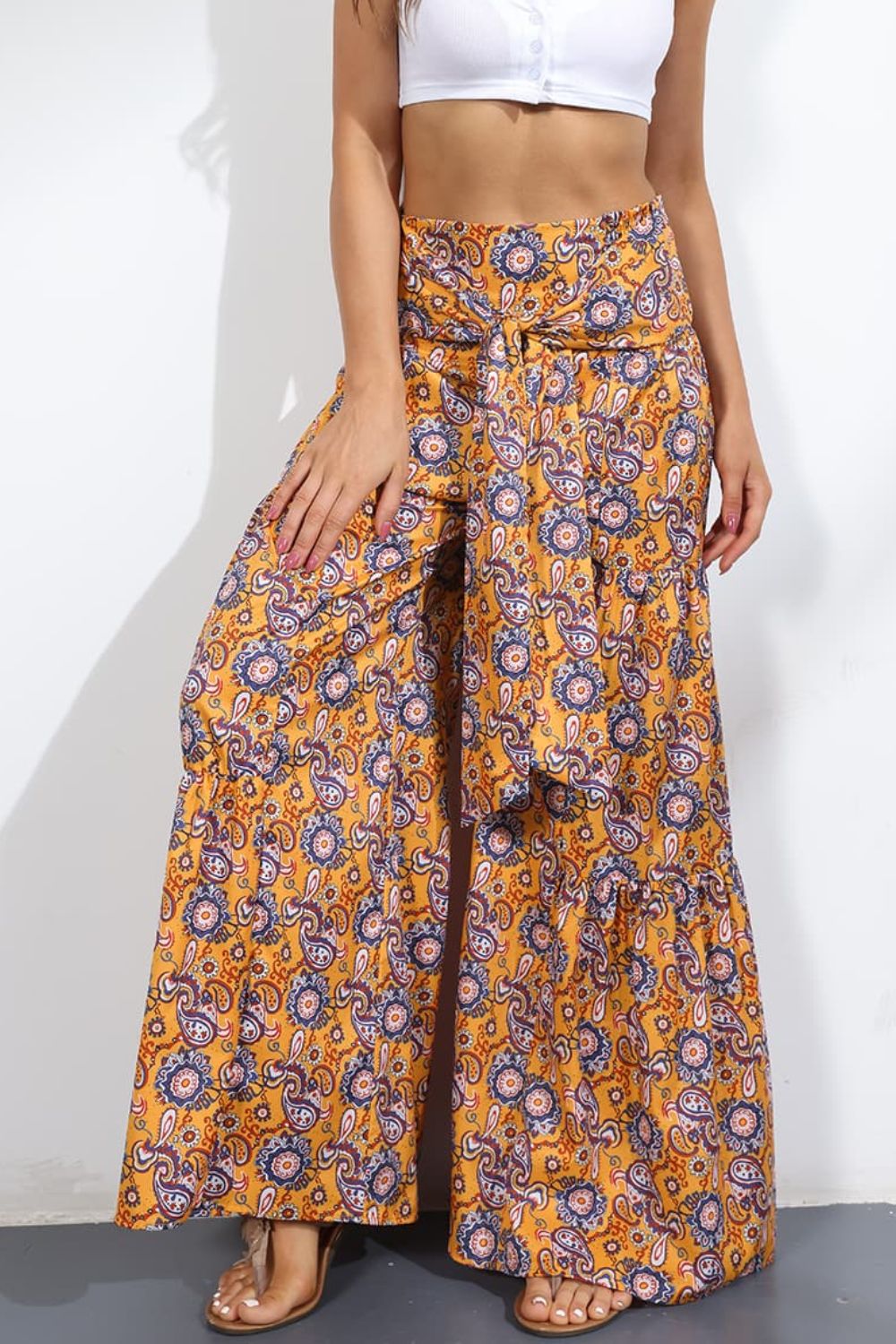 Printed High-Rise Tied Culottes - Light Orange / S - Bottoms - Pants - 22 - 2024