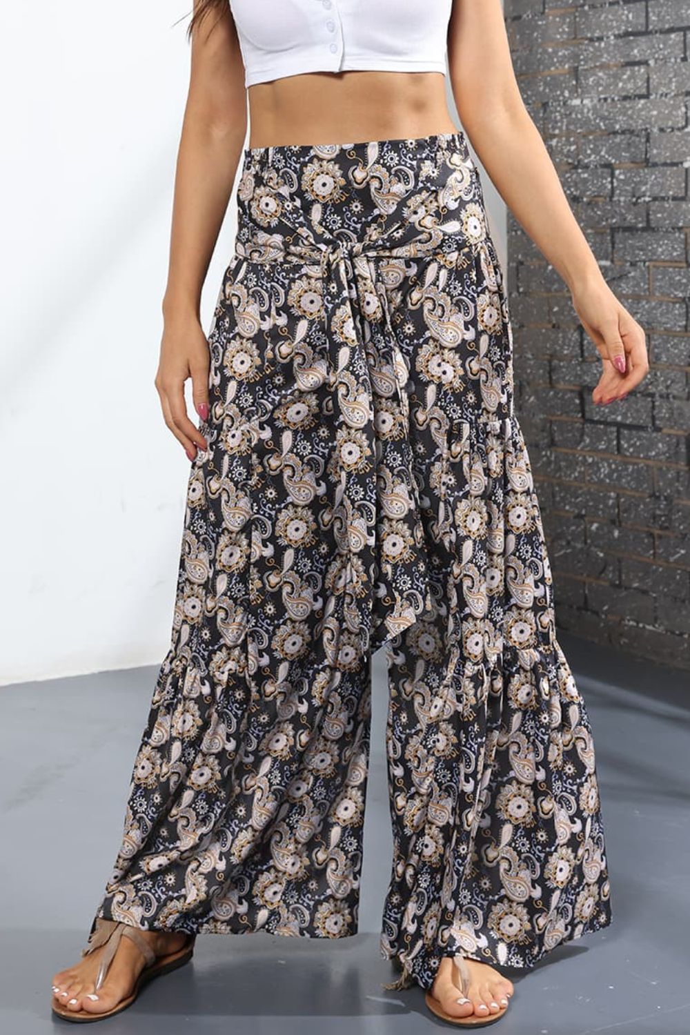 Printed High-Rise Tied Culottes - Dark Gray / S - Bottoms - Pants - 31 - 2024