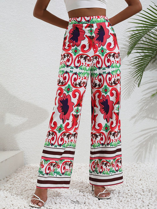 Printed High-Rise Wide Leg Pants - Red / S - Bottoms - Pants - 1 - 2024