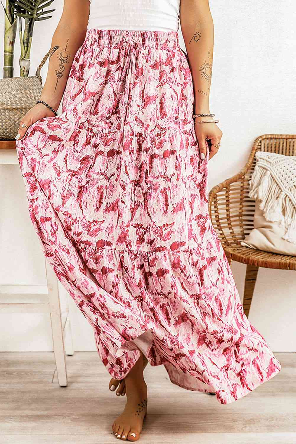 Printed Smocked Waist Maxi Skirt - Carnation Pink / S - Bottoms - Skirts - 1 - 2024