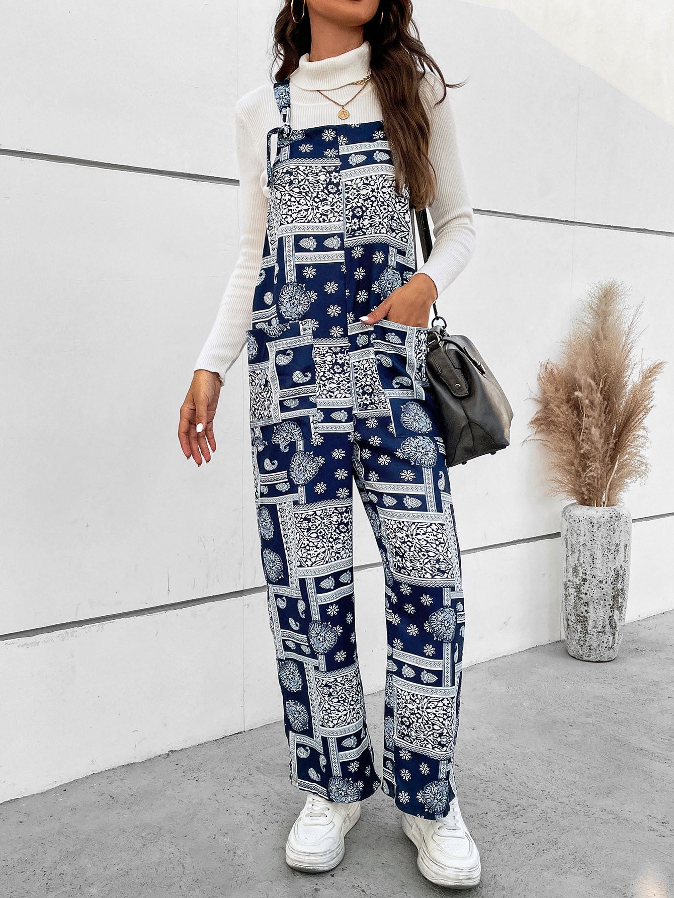 Printed Straight Leg Jumpsuit with Pockets - Dark Blue / S - Bottoms - Jumpsuits & Rompers - 1 - 2024