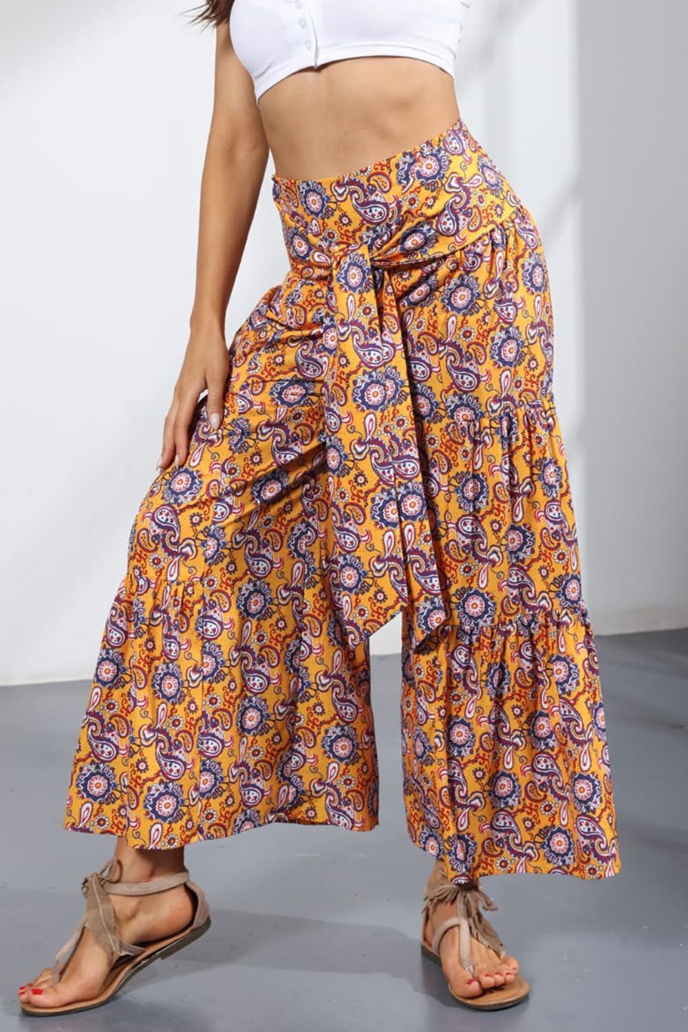 Printed Tie-Front Culottes - Yellow / S - Bottoms - Pants - 37 - 2024