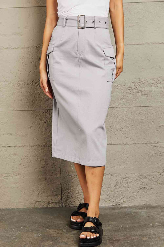 Professional Poise Buckled Midi Skirt - Light Gray / S - Bottoms - Skirts - 1 - 2024