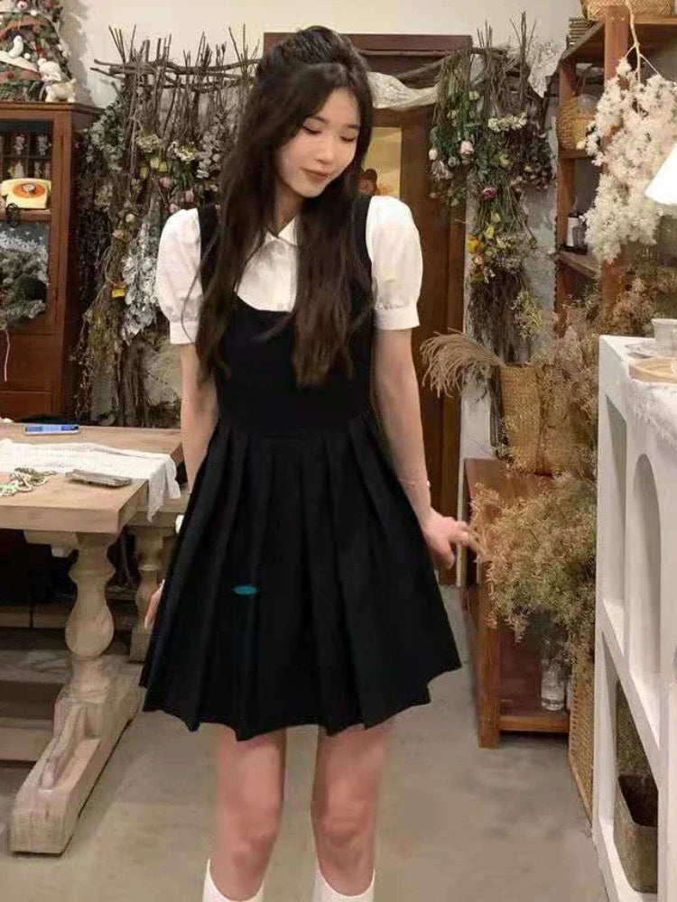 Puff Sleeve T-Shirt & Tie Pleated Suspender Skirt Set - Bottoms - Dance Dresses Skirts & Costumes - 1 - 2024