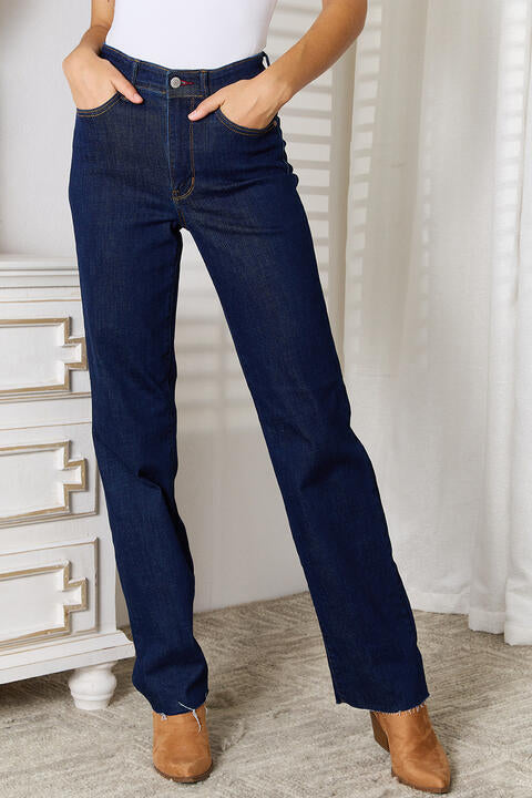 Raw Hem Straight Leg Jeans with Pockets - Dark / 0(24) - Bottoms - Pants - 1 - 2024