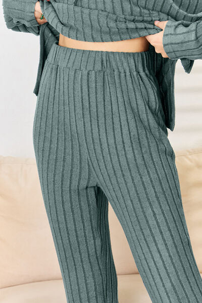 Ribbed Drawstring Hood Top and Straight Pants Set - Bottoms - Outfit Sets - 21 - 2024