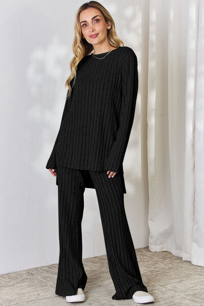 Ribbed High-Low Top and Wide Leg Pants Set - Black / S - Bottoms - Outfit Sets - 23 - 2024