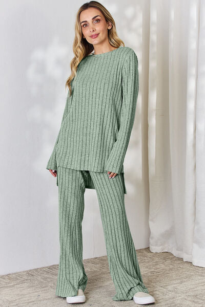 Ribbed High-Low Top and Wide Leg Pants Set - Gum Leaf / S - Bottoms - Outfit Sets - 9 - 2024