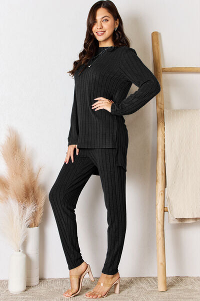 Ribbed Round Neck High-Low Slit Top and Pants Set - Black / S - Bottoms - Outfit Sets - 5 - 2024