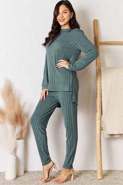 Ribbed Round Neck High-Low Slit Top and Pants Set - Teal / S - Bottoms - Outfit Sets - 8 - 2024