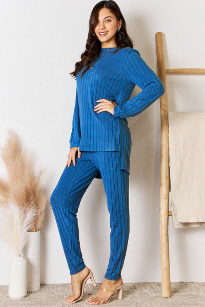 Ribbed Round Neck High-Low Slit Top and Pants Set - Royal Blue / S - Bottoms - Outfit Sets - 11 - 2024