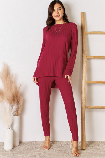 Ribbed Round Neck High-Low Slit Top and Pants Set - Deep Red / S - Bottoms - Outfit Sets - 1 - 2024