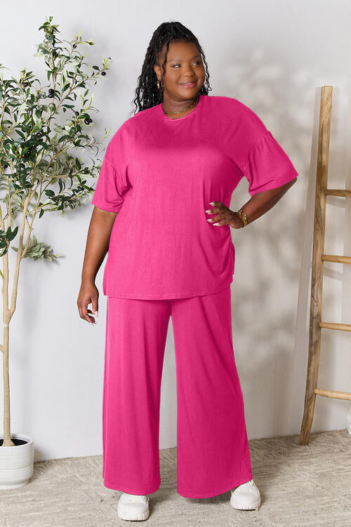 Round Neck Slit Top and Pants Set - Hot Pink / S - Bottoms - Outfit Sets - 1 - 2024