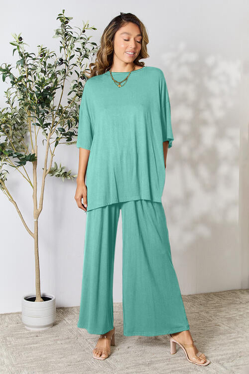 Round Neck Slit Top and Pants Set - Turquoise / S - Bottoms - Outfit Sets - 10 - 2024