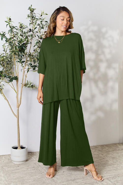 Round Neck Slit Top and Pants Set - Bottoms - Outfit Sets - 21 - 2024