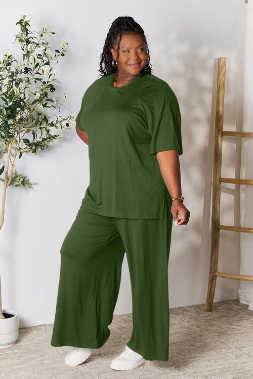 Round Neck Slit Top and Pants Set - Army Green / S - Bottoms - Outfit Sets - 24 - 2024