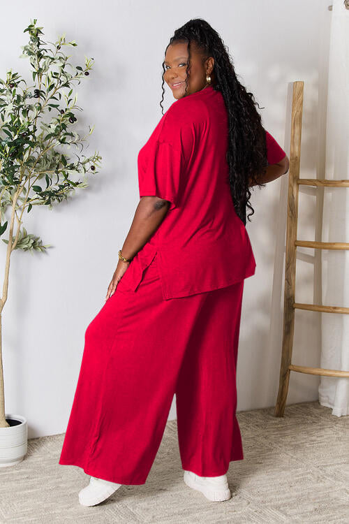 Round Neck Slit Top and Pants Set - Red / S - Bottoms - Outfit Sets - 30 - 2024