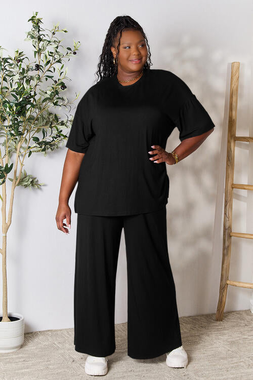 Round Neck Slit Top and Pants Set - Black / S - Bottoms - Outfit Sets - 34 - 2024