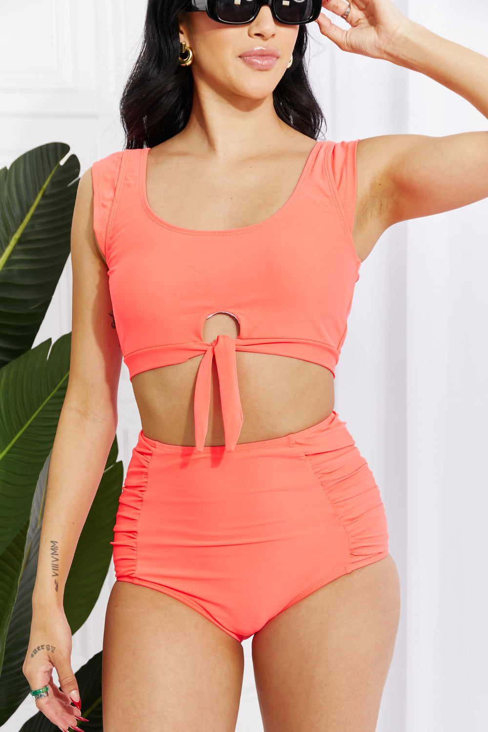 Sanibel Crop Swim Top and Ruched Bottoms Set in Coral - Bottoms - Swimwear - 5 - 2024
