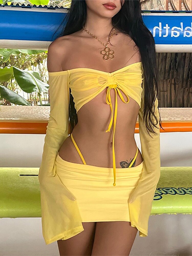 Off Shoulder Flare Crop/Skirt Club Set - Yellow / S - Bottoms - Clothing - 8 - 2024