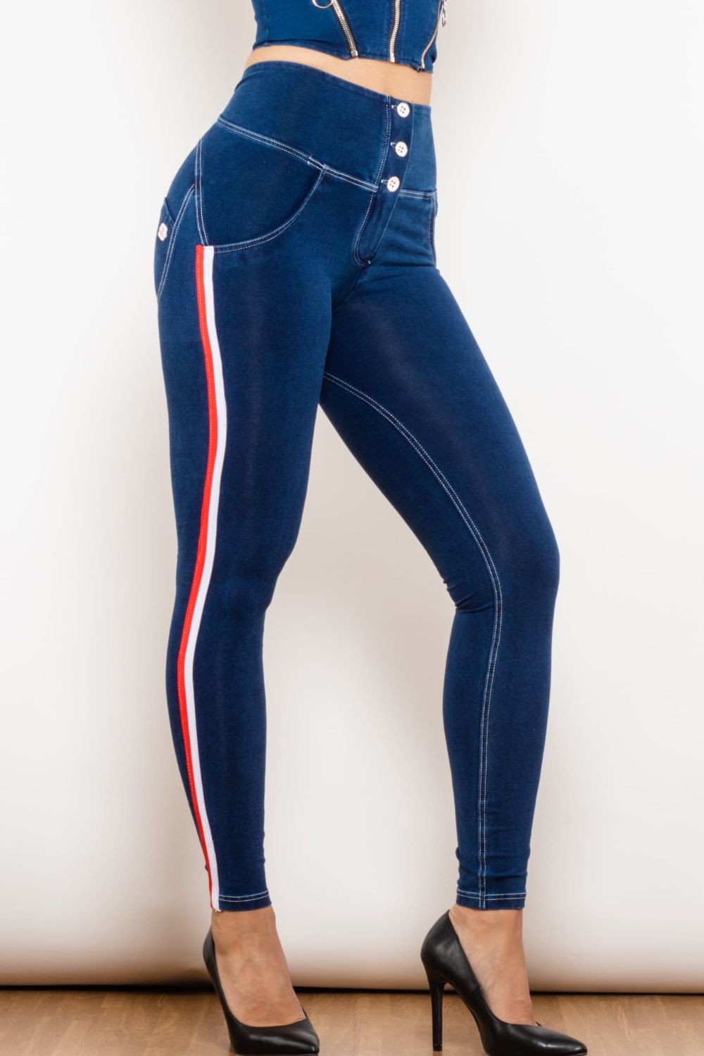Side Stripe Buttoned High Waist Skinny Jeans - Bottoms - Pants - 3 - 2024